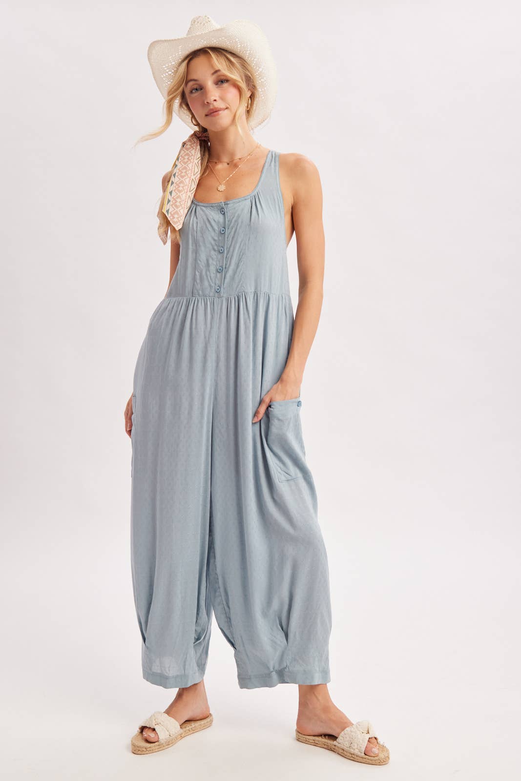 Chambray Boho Cross-Back Jumpsuit-133181