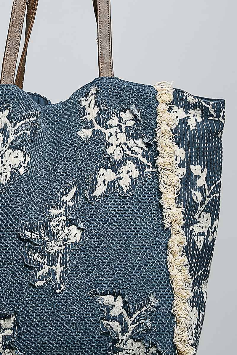 Blue and Beige Contrast Trim Textured Woven Denim Tote Bag - BAGQH2