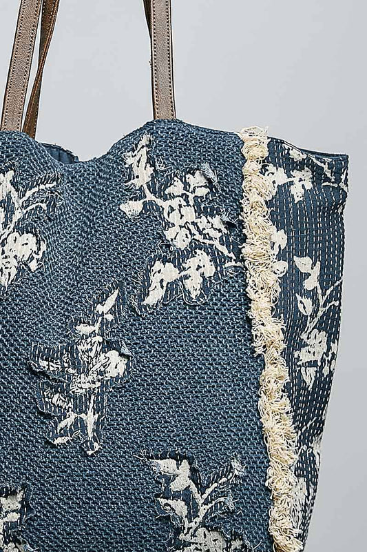 Blue and Beige Contrast Trim Textured Woven Denim Tote Bag - BAGQH2