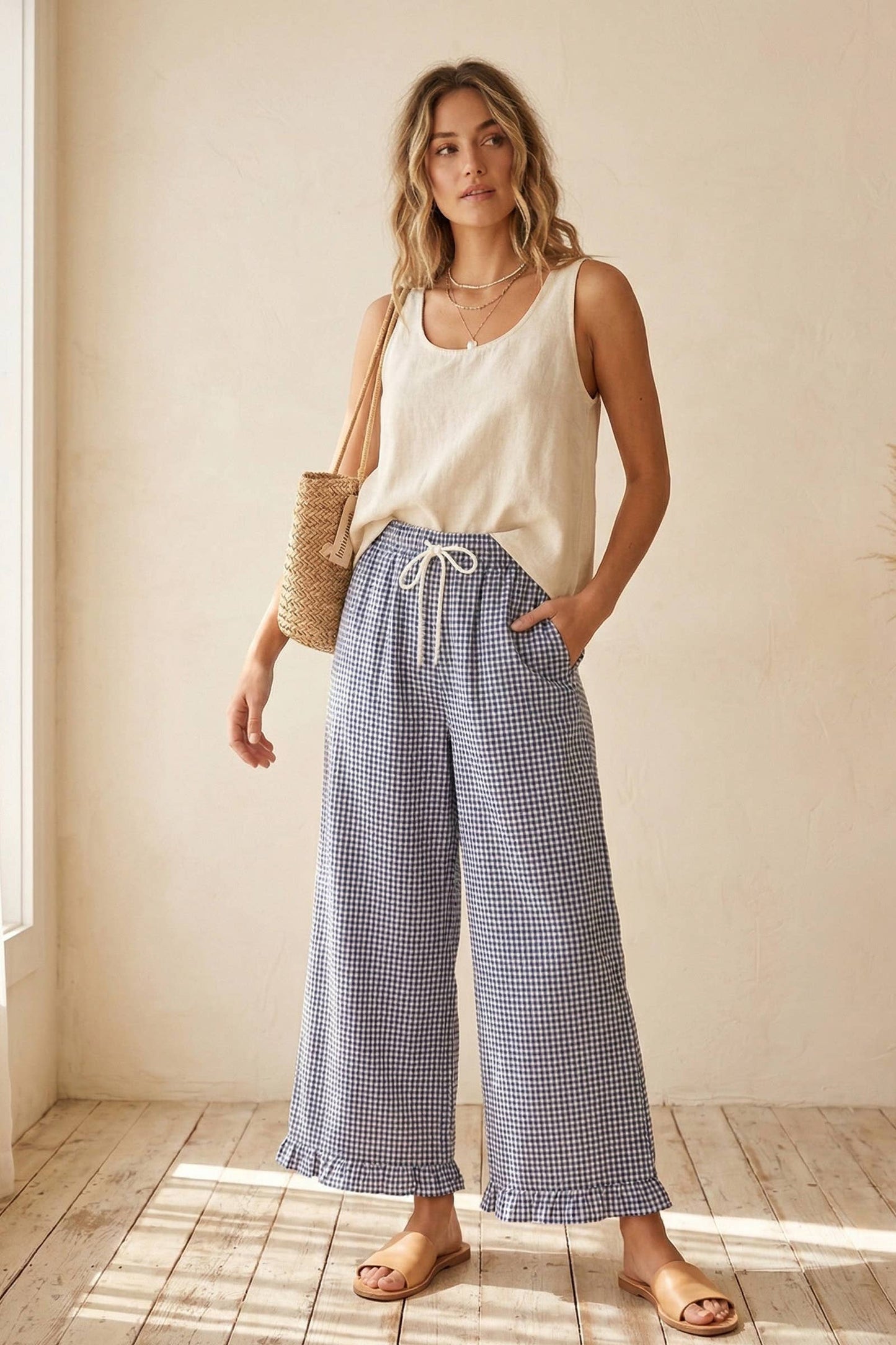 Blue Checkered Gingham Fully Lined Pants-132287