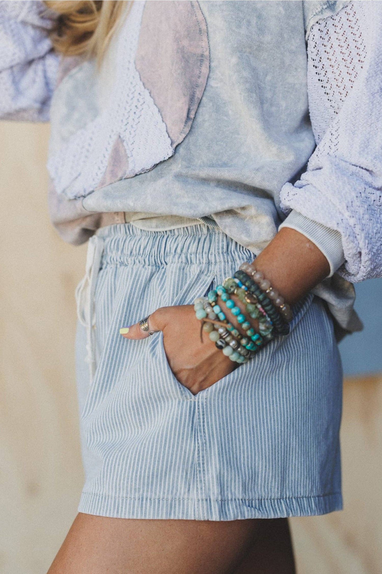 Sky Blue Stripe Denim Shorts- 117832
