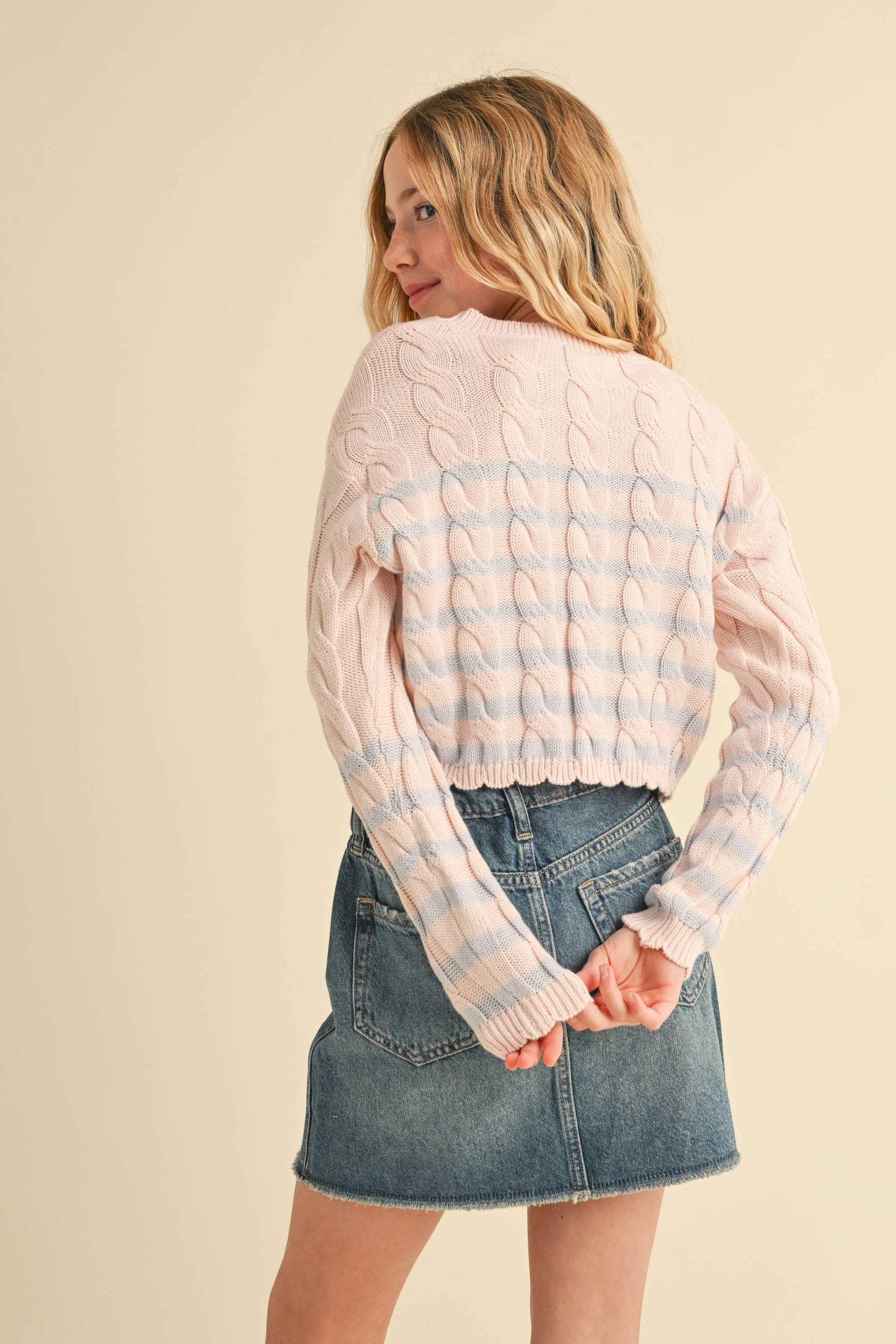 Blush and Blue Cable Knit Boxy Sweater