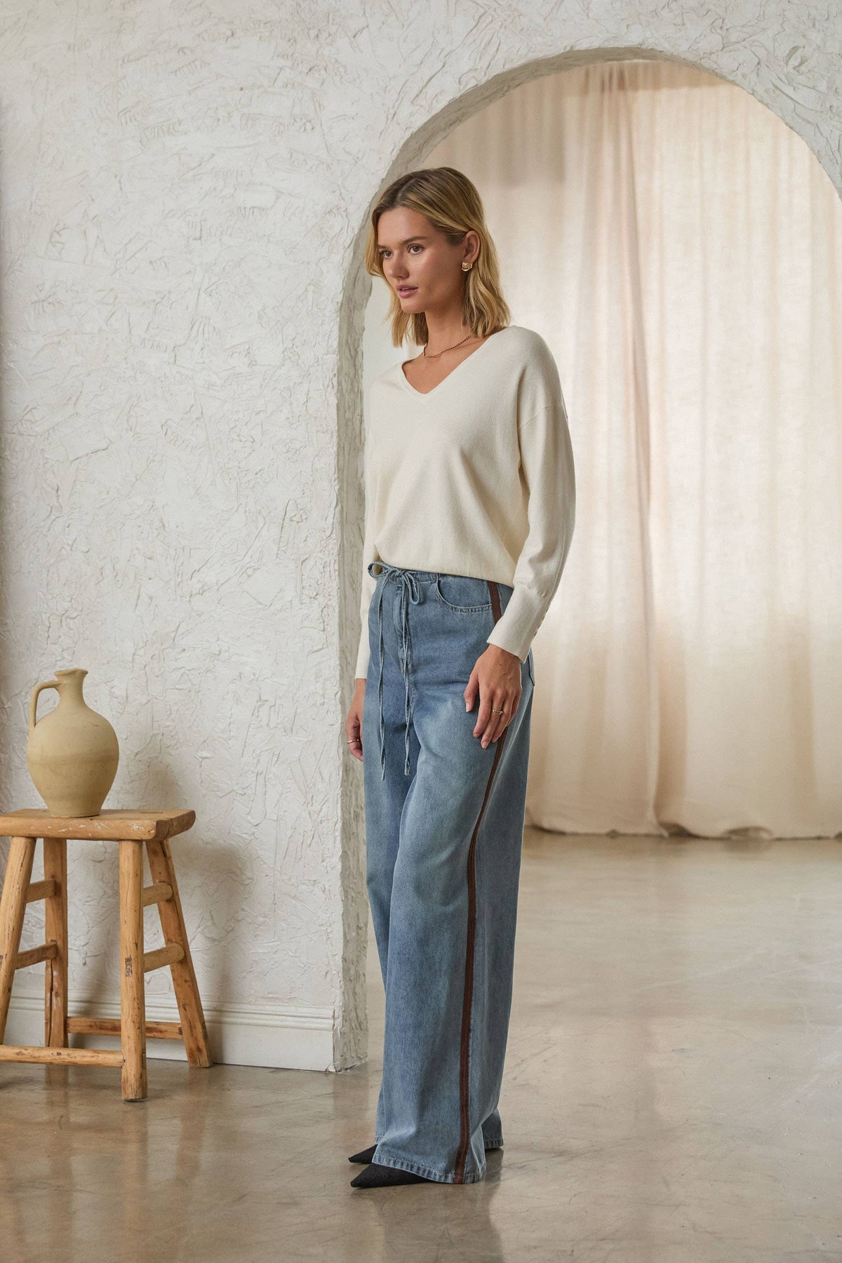 Washed Denim Pants w/ Faux Suede Side Line Detail-135518