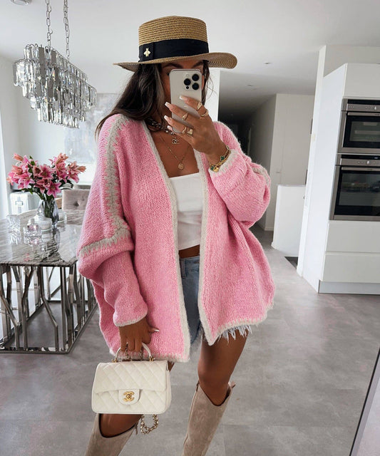 Pink with White Thick Stitched Detail Slouchy Knitted Cardigan