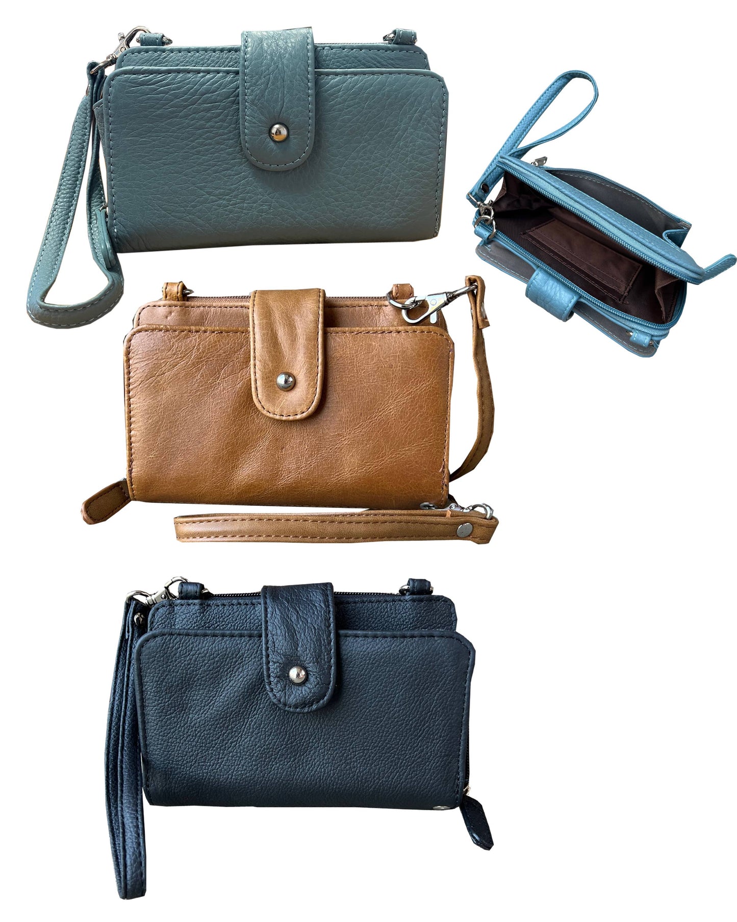 Light Brown / Black Leather Phone Crossbody Wallet