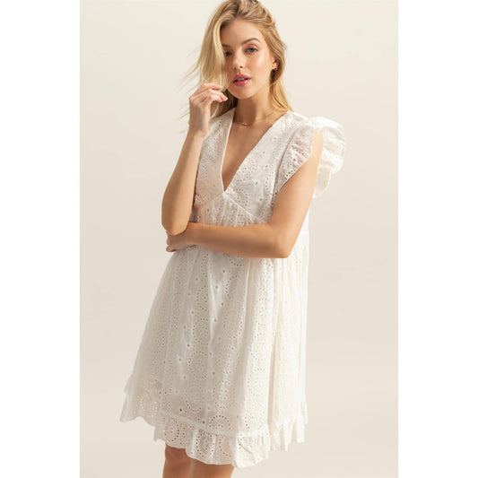 Flutter Sleeve V-Neck Eyelet Mini Dress