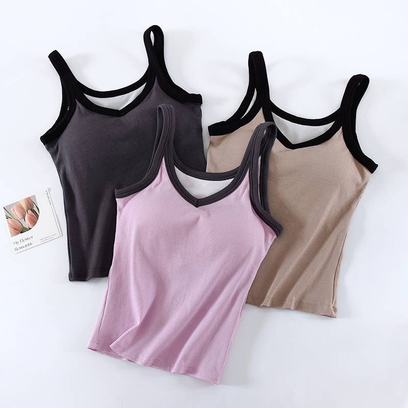 Coca W/ Black Contrast Trim Shelf Bra Tank Top- 1844295
