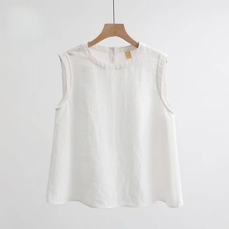 Boxy Lightweight Airy Cotton Linen Effect Boxy Crewneck Tank Top: Beige / White - 146421