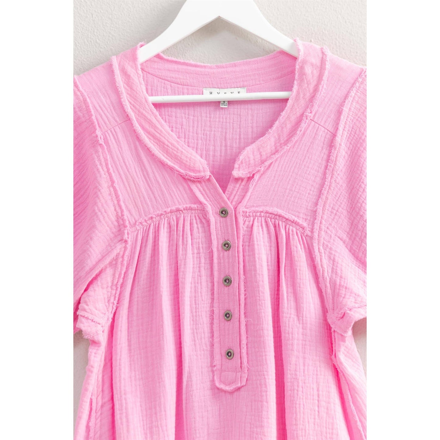Soft Cotton Gauze Short Sleeve Flirty Button Down Blouse