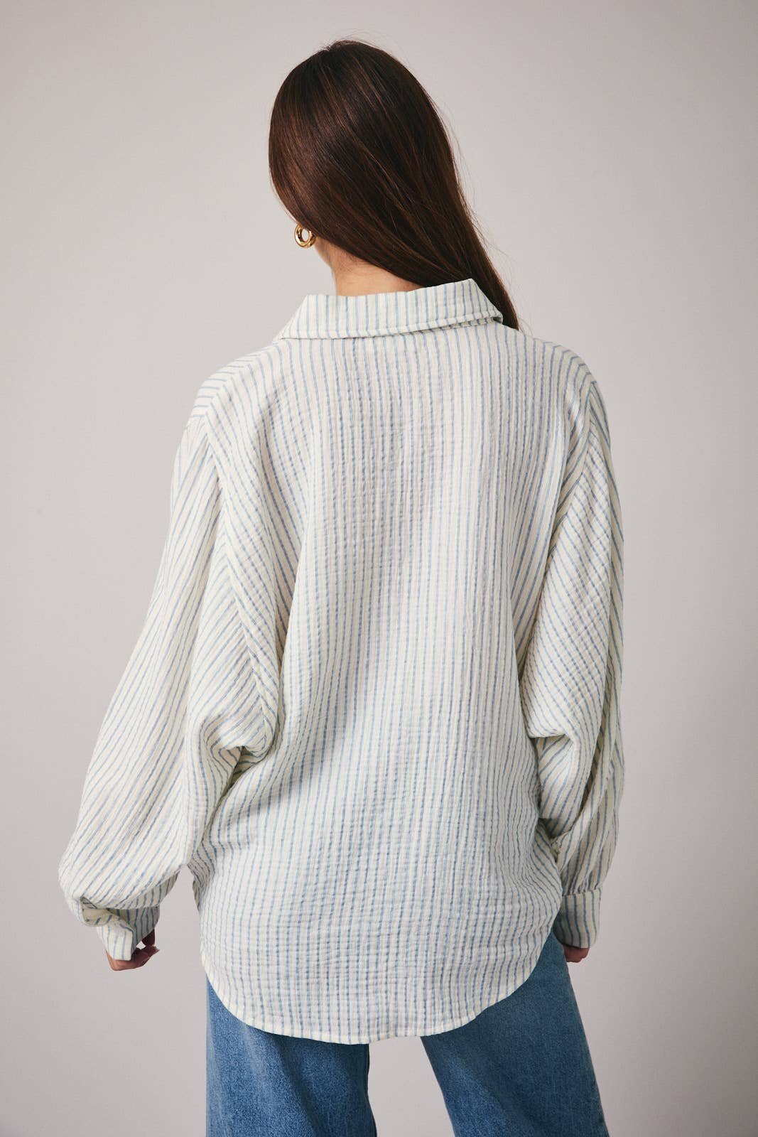 Blue and White Stripe Gauze Button Down Top