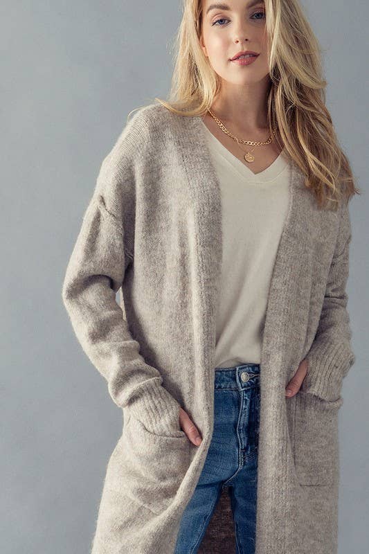 Taupe Soft Cozy Knit with Thumbhole Cuff Long Cardigan