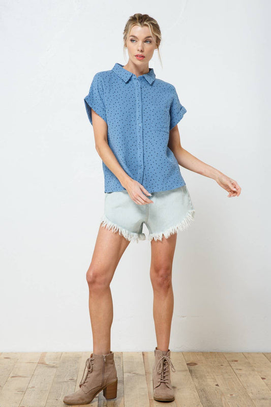 Blue Polka Dot Button-Up Top- 147822