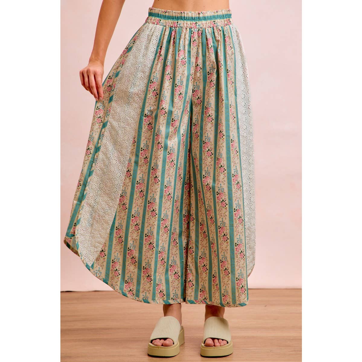 Teal w/ Pink Floral Eyelet Side Wide Leg Pants-141889