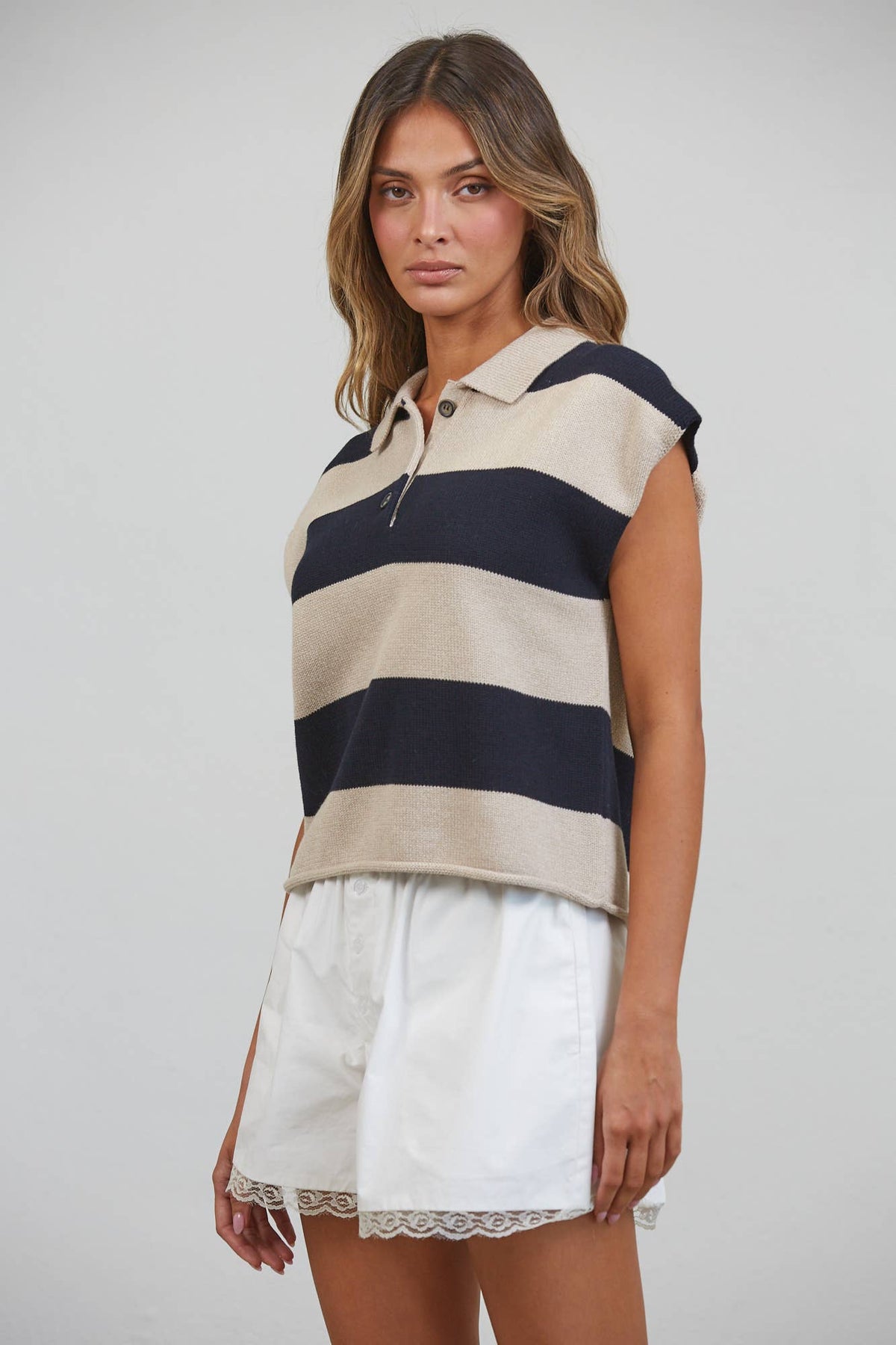 Beige & Black Striped Cotton Polo Sweater Top-145939