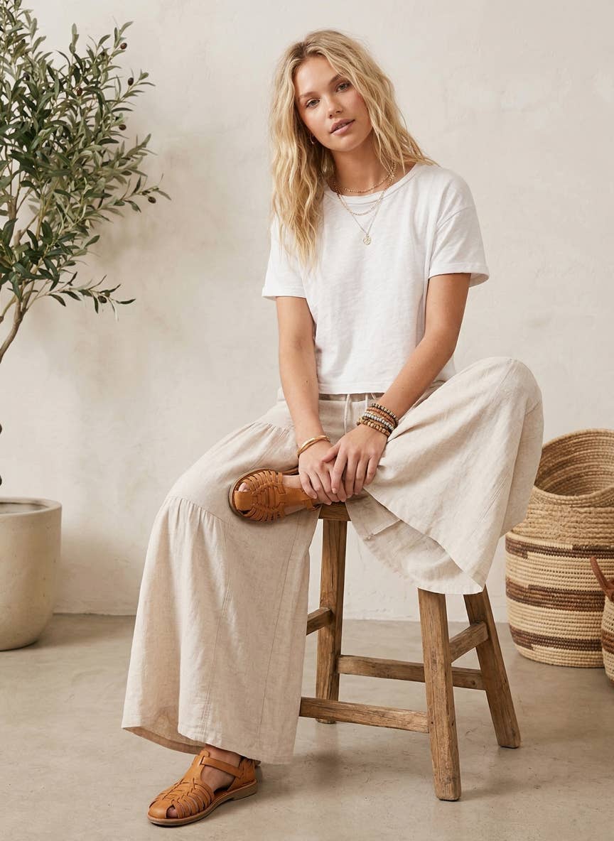 Natural Linen Blend Wide Leg Palazzo Pants-132214