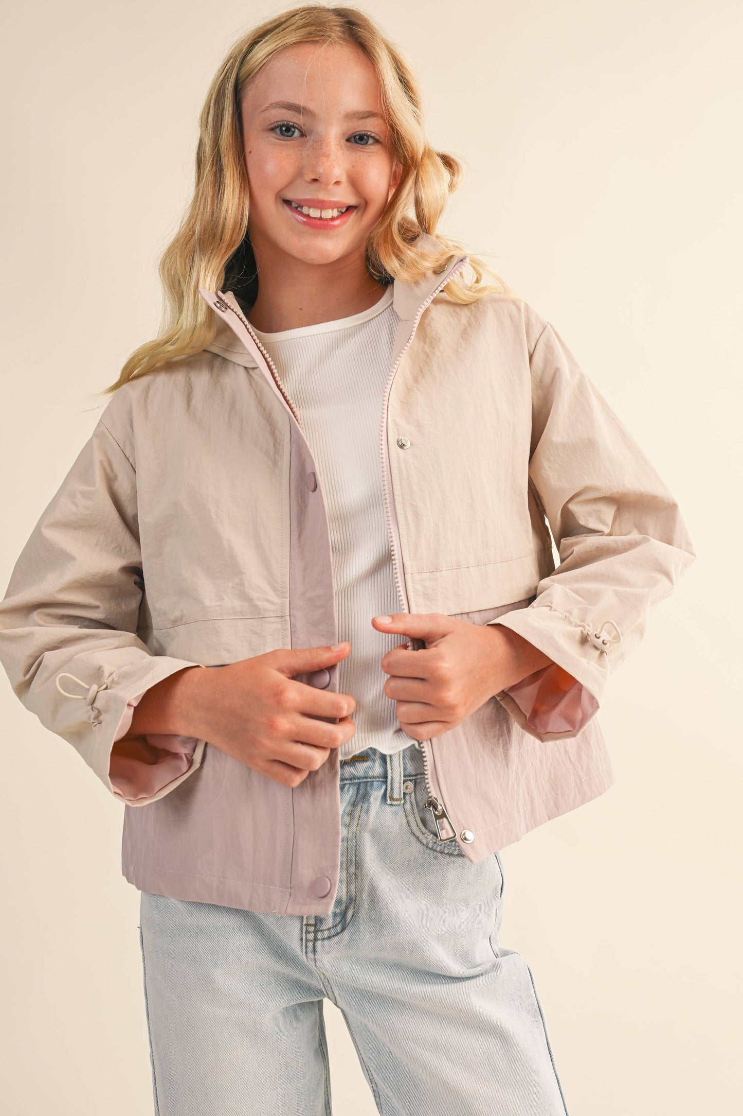 Biege/ Lavender Hooded w/ Cinch Cuffs Windbreaker