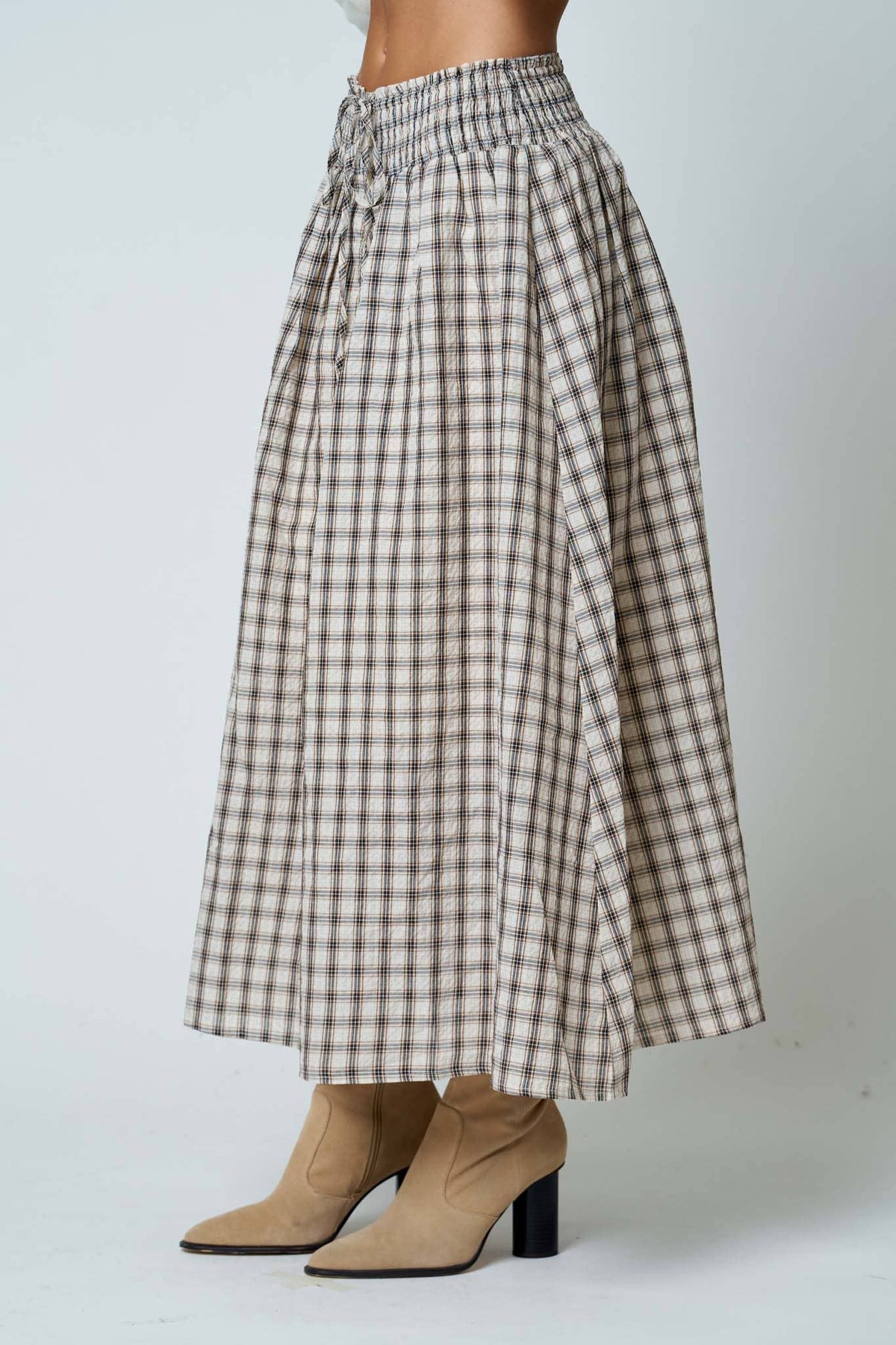 Khaki Plaid Smocked Waist Button Down Midi Skirt - 131008