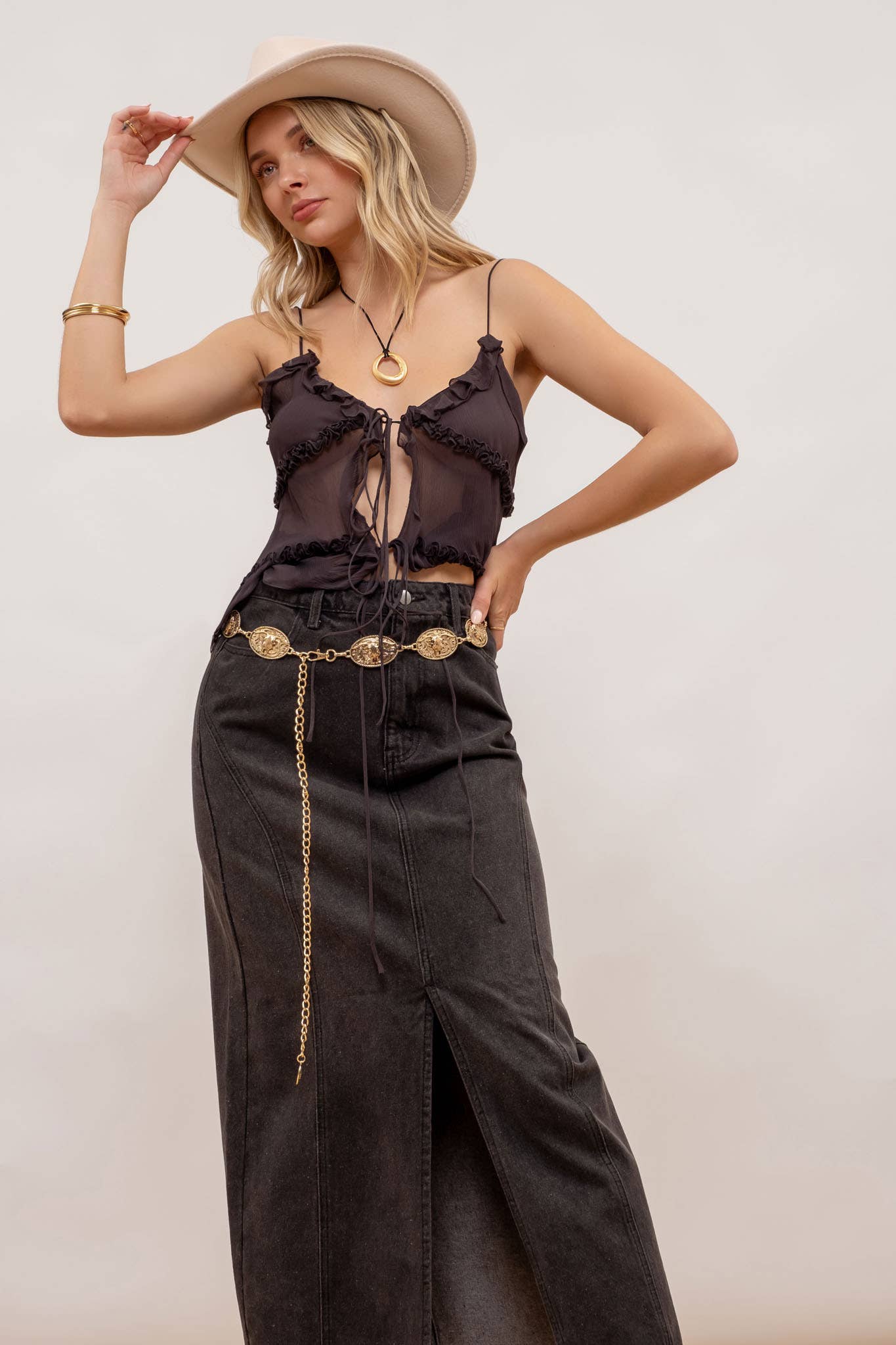 Long Black Denim Pencil Skirt