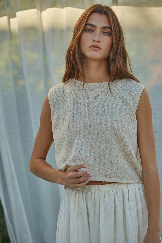 Beige Knit Sweater Crew Neck Sleeveless Crop Top - 151444