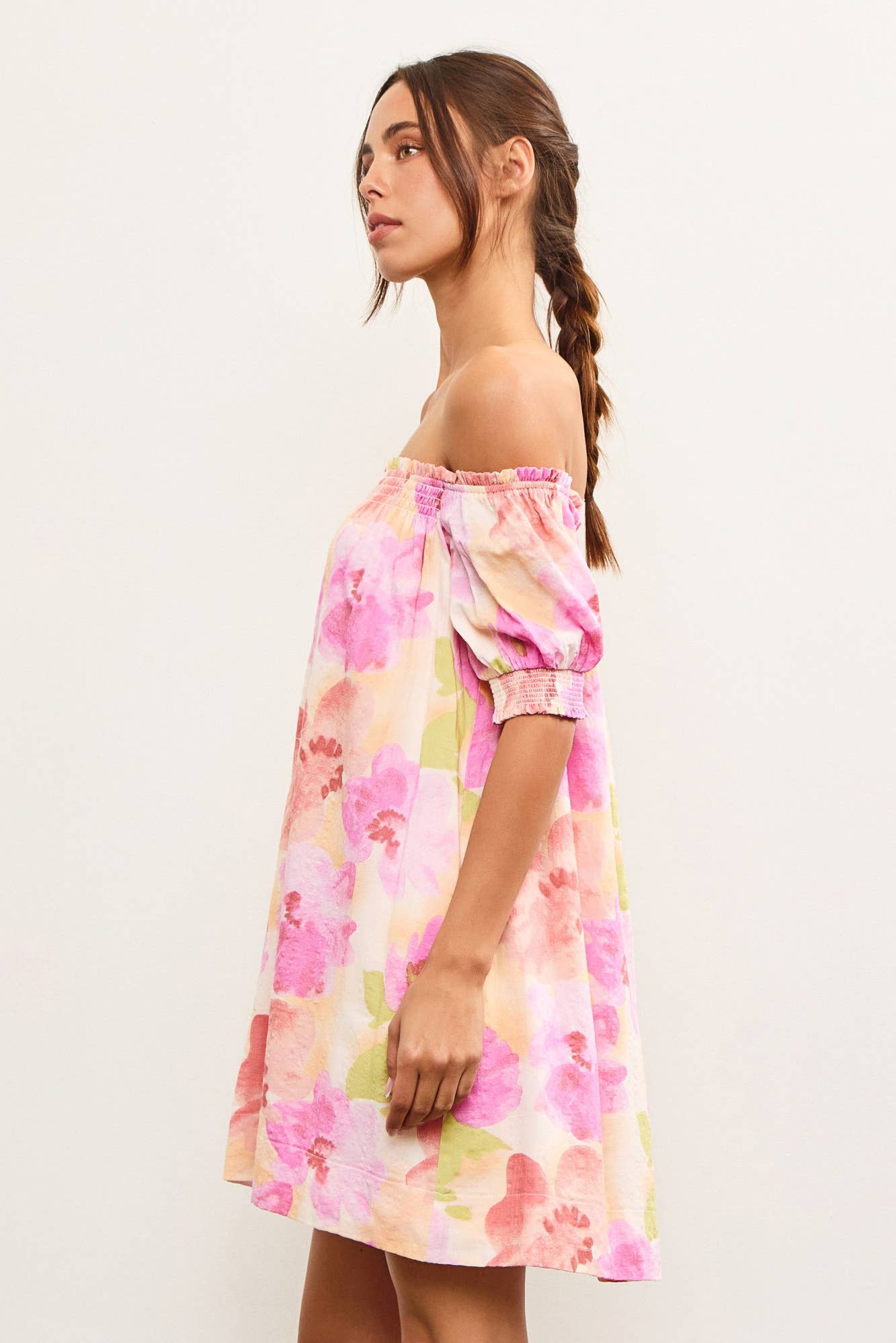 Pink Abstract Bloom Off-Shoulder Floral Dress-122482