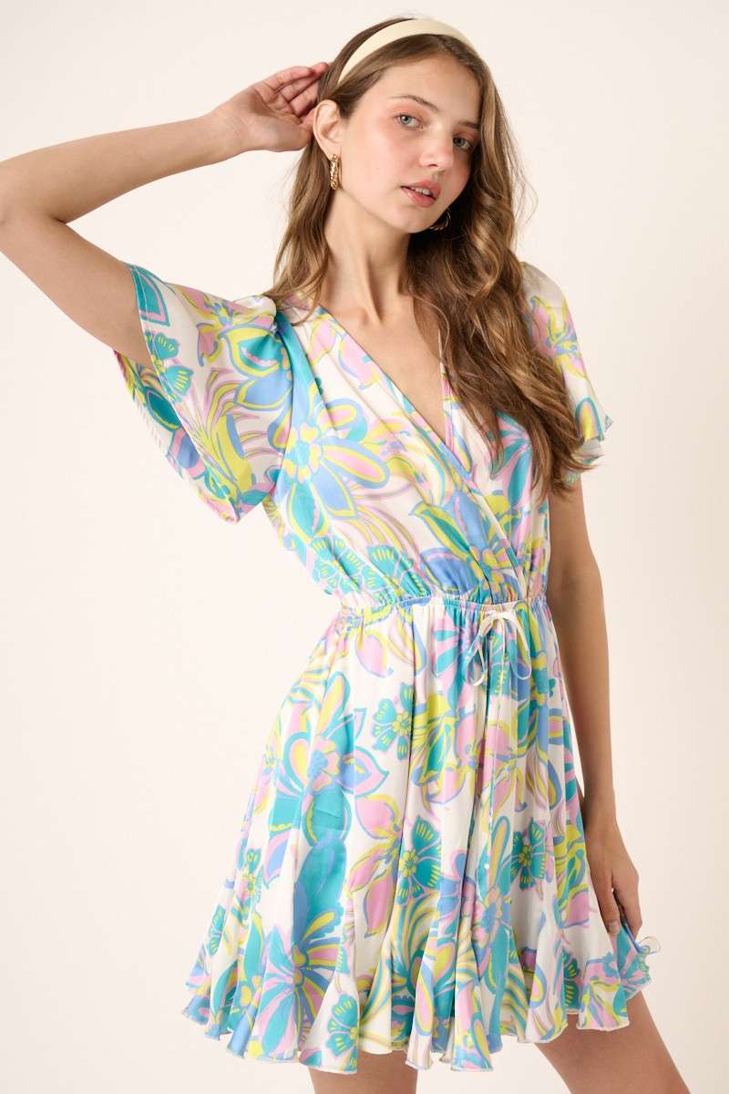 Blue Floral Print Surplice Mini Dress- 124266