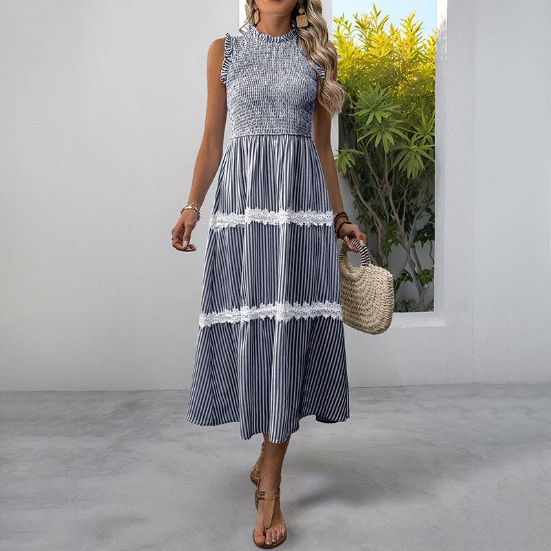 Navy Striped with White Lace Trim Detail Sleeveless Midi Dress - 129412