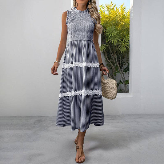 Navy Striped with White Lace Trim Detail Sleeveless Midi Dress - 129412
