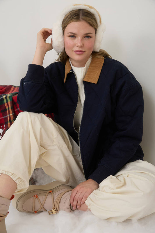 Navy with Corduroy Collar Diamond Quilted Barn Jacket