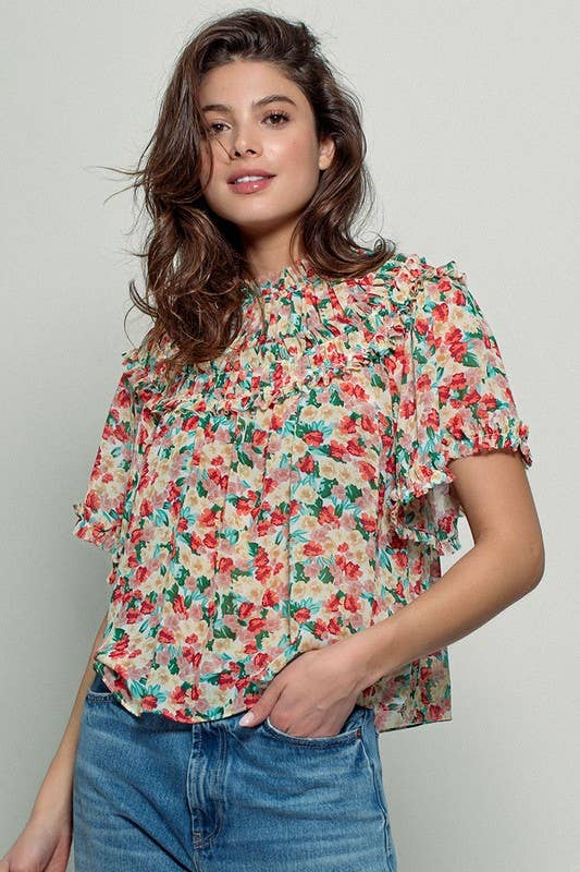 Aurora of Ruffle and Color Short Sleeve Blouse