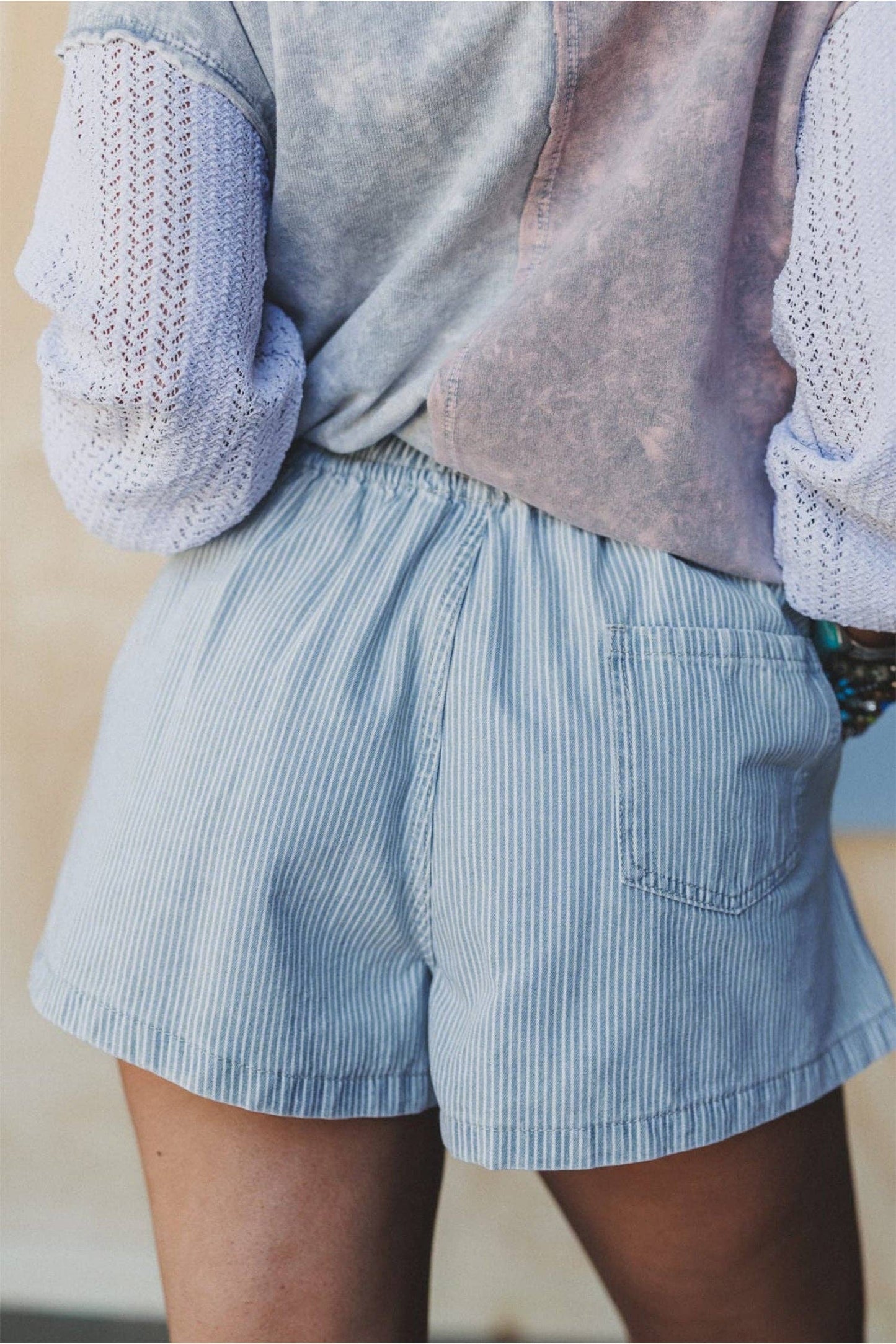 Sky Blue Stripe Denim Shorts- 117832