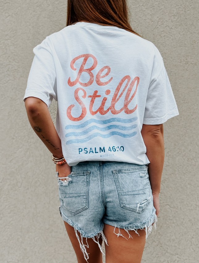 White 'Be Still' Wave  Inspirational Cotton Tee