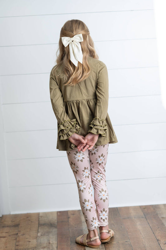 Sage Green 3 Ruffles Cotton Shirt & Floral Leggings Set
