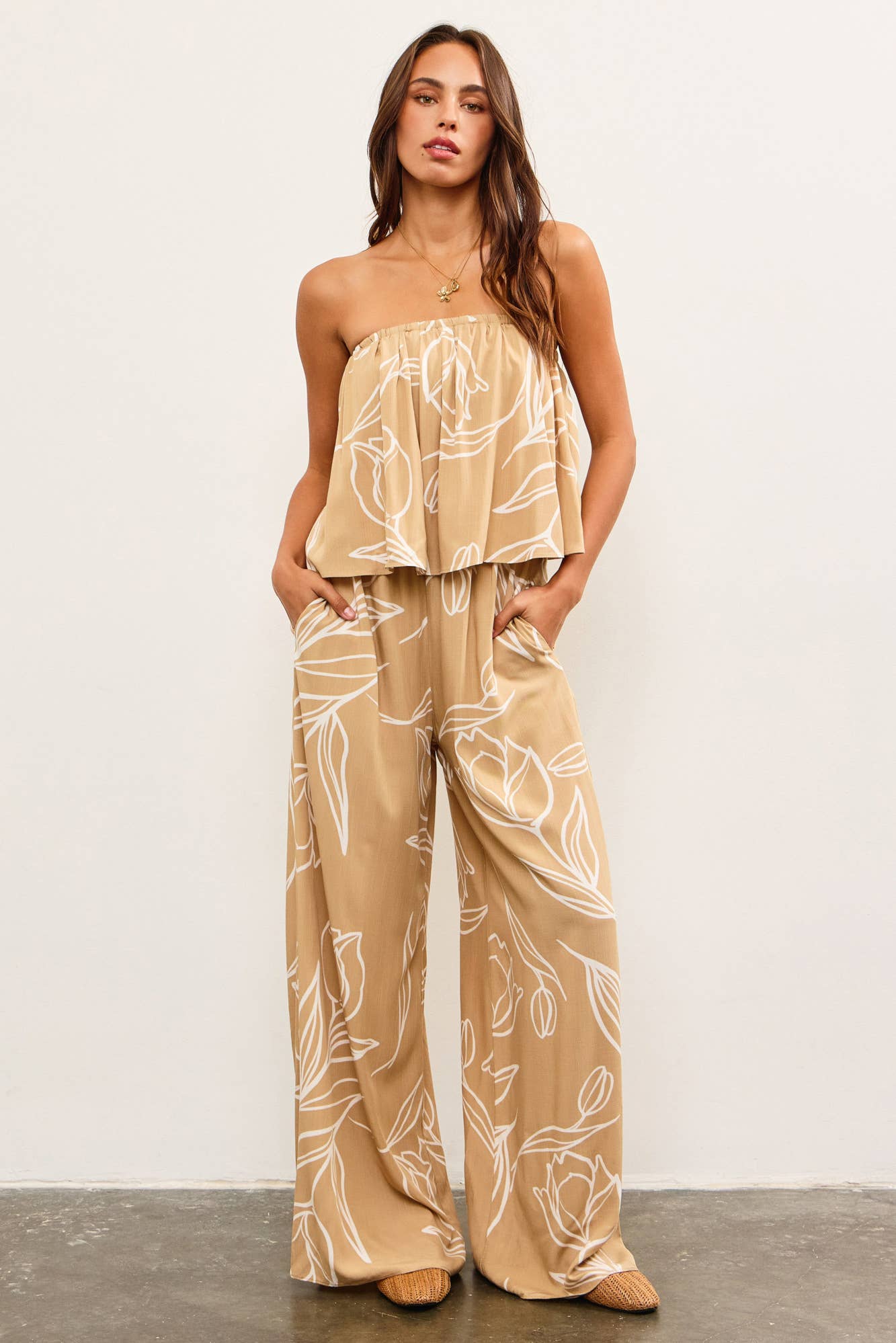 Tan Strapless Top Wide Leg Pant Jumpsuit- 135099