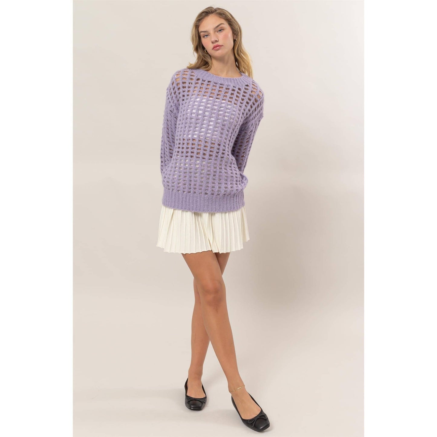 Soft Lavender Open Fish Net  Stitch Long Sleeve Sweater