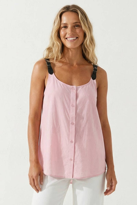 Pink Buckle Strap Button Down Sleeveless Top - 14002