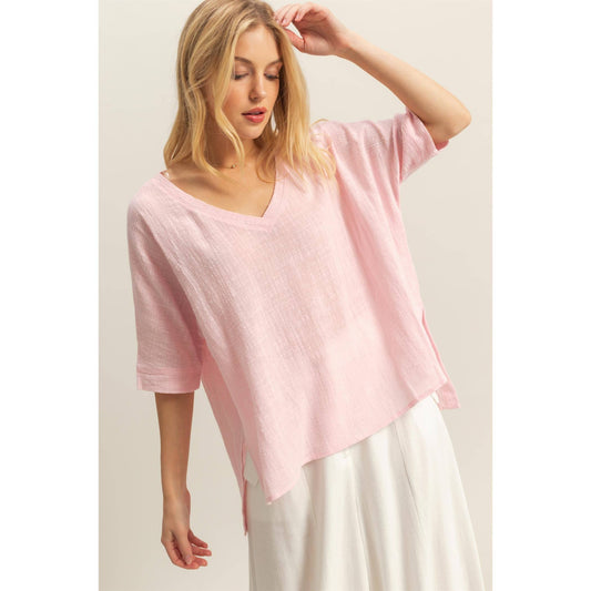 Pretty in Pink V-Neck Oversized Semi-Sheer Cotton Top