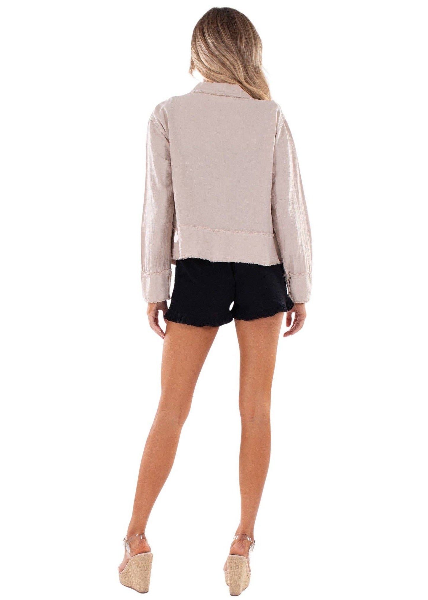 Baby Beige Snap Button and Fray Cotton Jacket