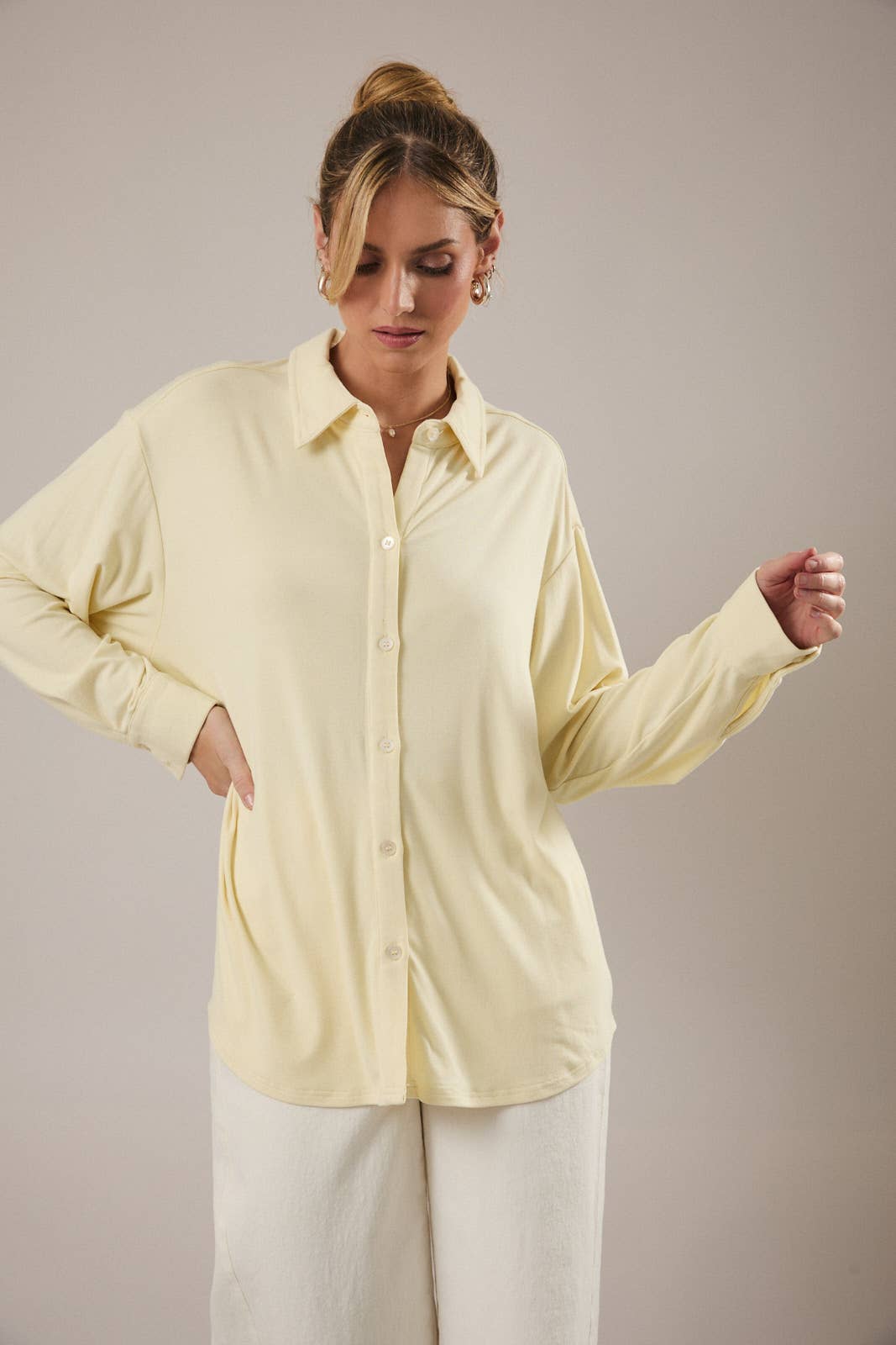 Soft Yellow Jersey Button Down  Shirt -142077