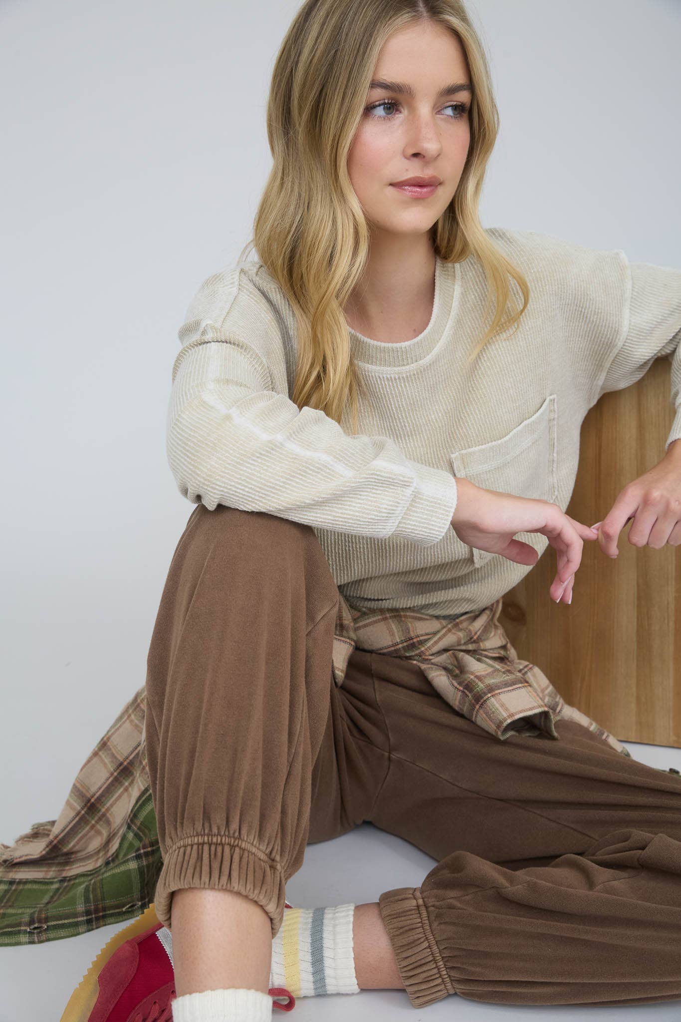 Khaki Acid Washed Ribbed Oversized Cotton Top