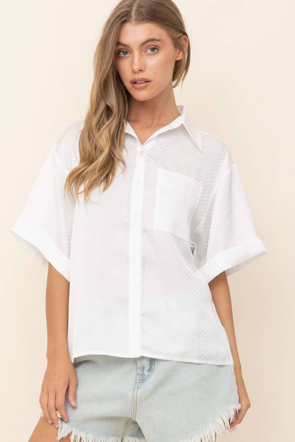 White Isla Textured Button-Up Oversized Top