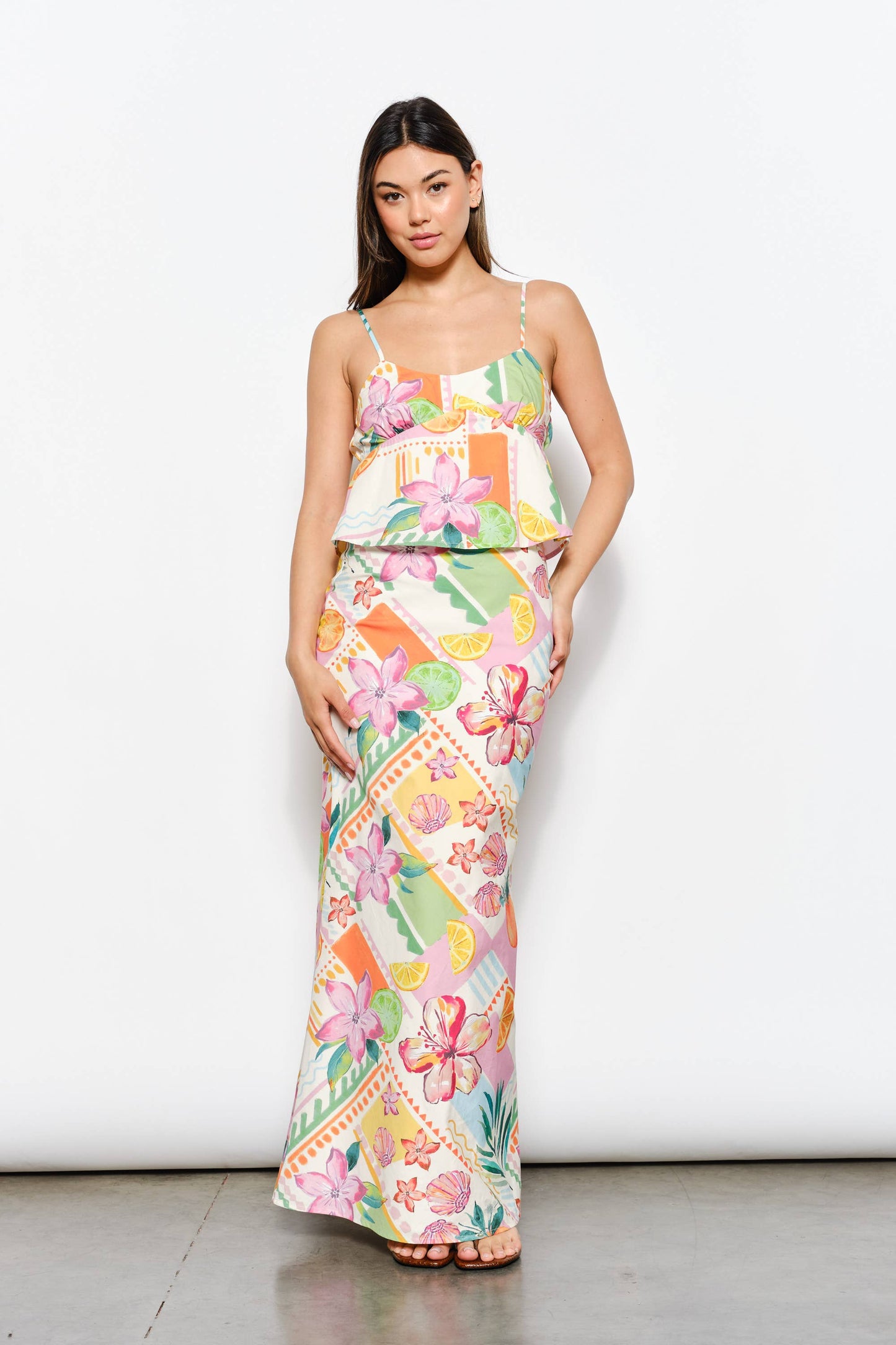 Multi Color Exclusive Tropical Print Maxi Skirt-131626