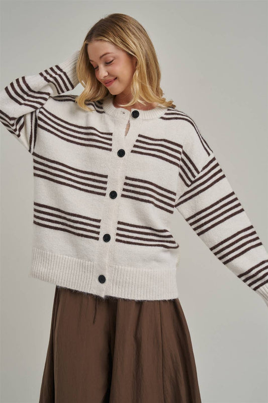 Ivory & Brown Oversized Striped Button-Down Cardigan-150316