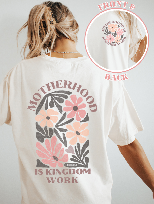 Ivory/ Floral 'Motherhood is Kingdom Work' Inspirational Cotton Tee