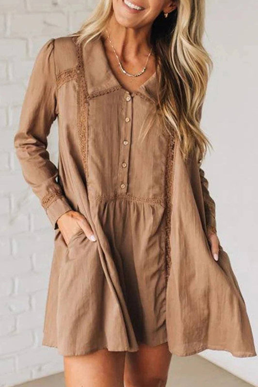Mocha Peter Pan Collar Long Sleeve Mini Shirt Dress