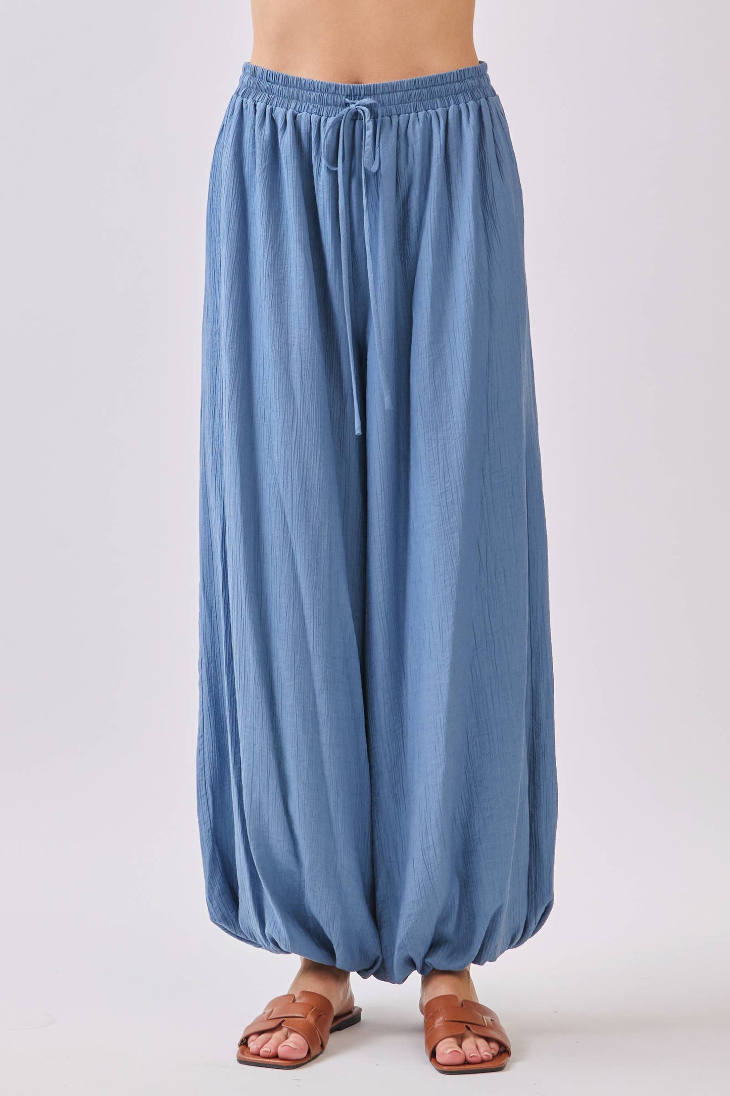 Slate Blue Flowy Gathered Wide Leg Pants