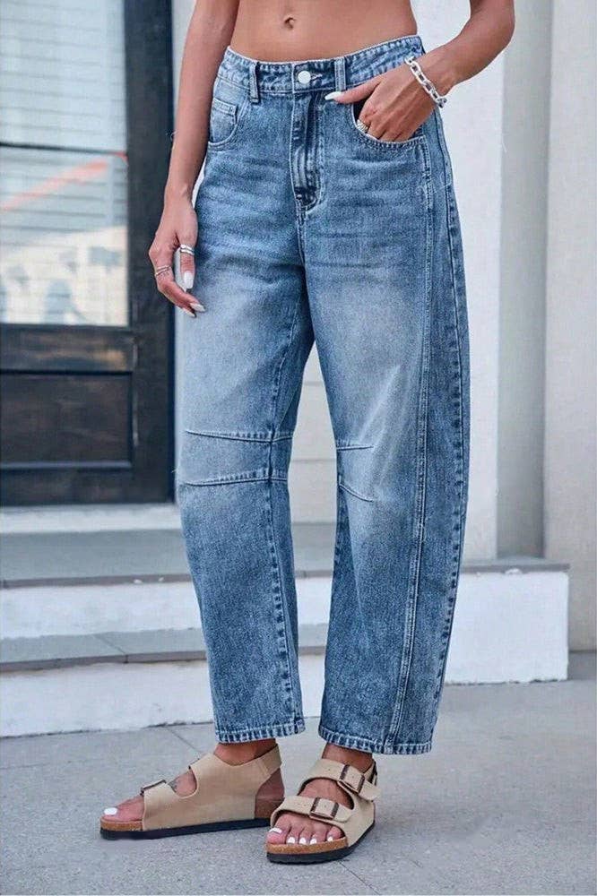 Washed Denim High Waist Loose Fit Jeans-130114