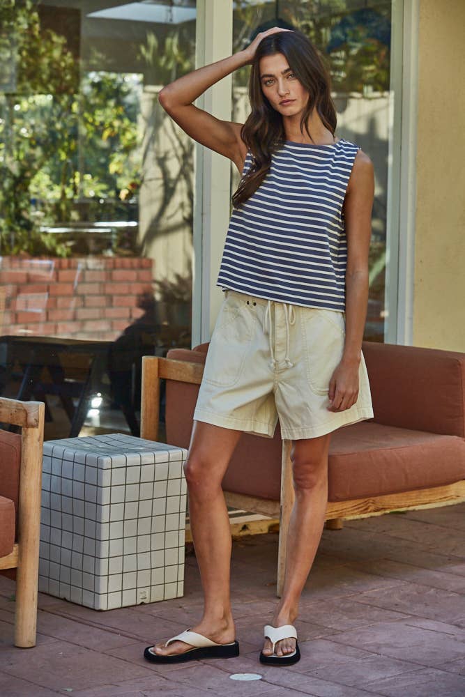 Navy Striped Knit Cotton Sleeveless Top-149620