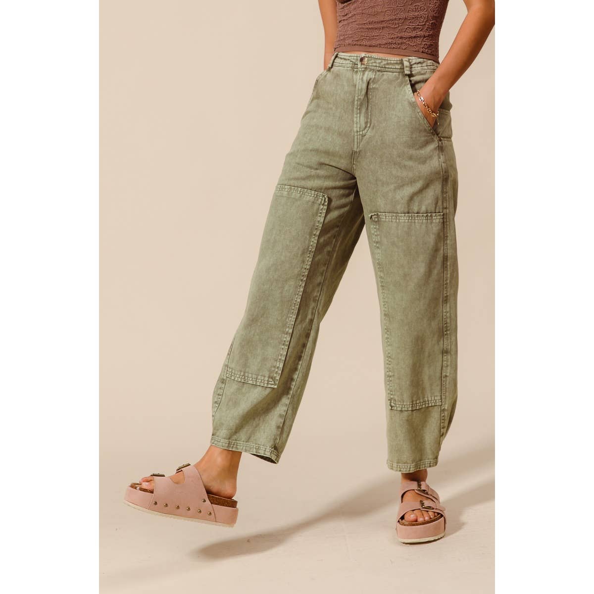 Olive Mineral-Washed Barrel Pants-131186
