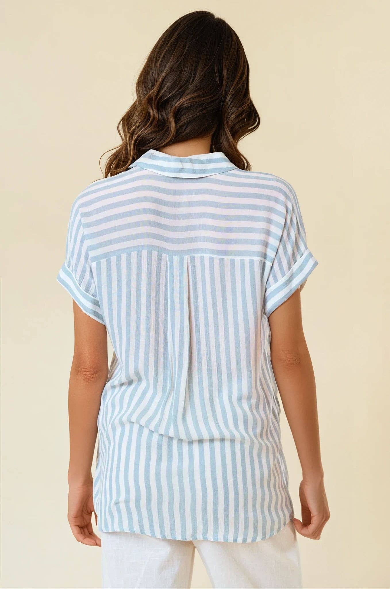 White and Dusty Blue Striped Shirt w/ Rolled Cuffs- 144132