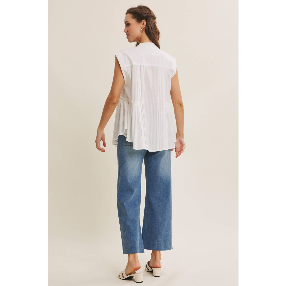 White Cotton Pleated Button Down Tunic Shirt- 142947